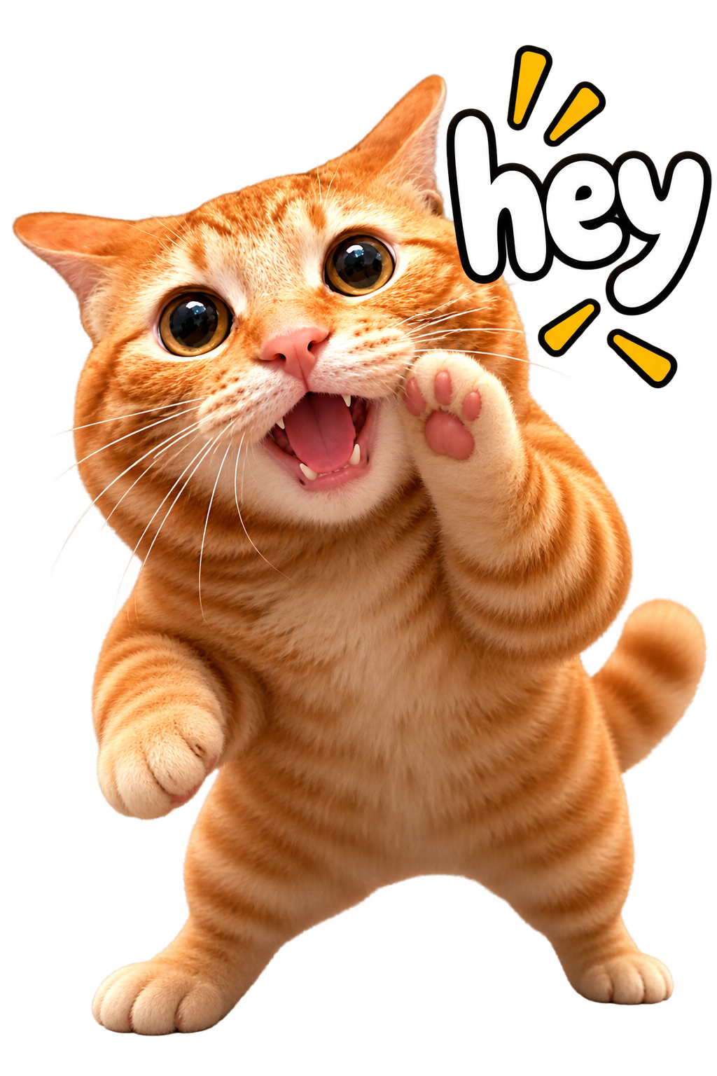 Orange tabby cat waving and saying hey